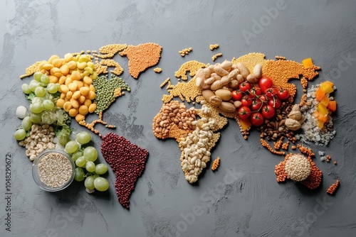 A vibrant world map crafted from an array of colorful foods lies on a stone surface, showcasing creativity and diversity. photo