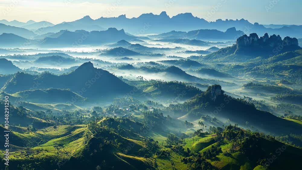 A breathtaking view of rolling hills and mountains, with mist clinging to the valleys, creates a serene landscape on a sunny morning A breathtaking view of rolling hills and mountains, with mist clinging to the valleys, creates a serene landscape on a sunny morning