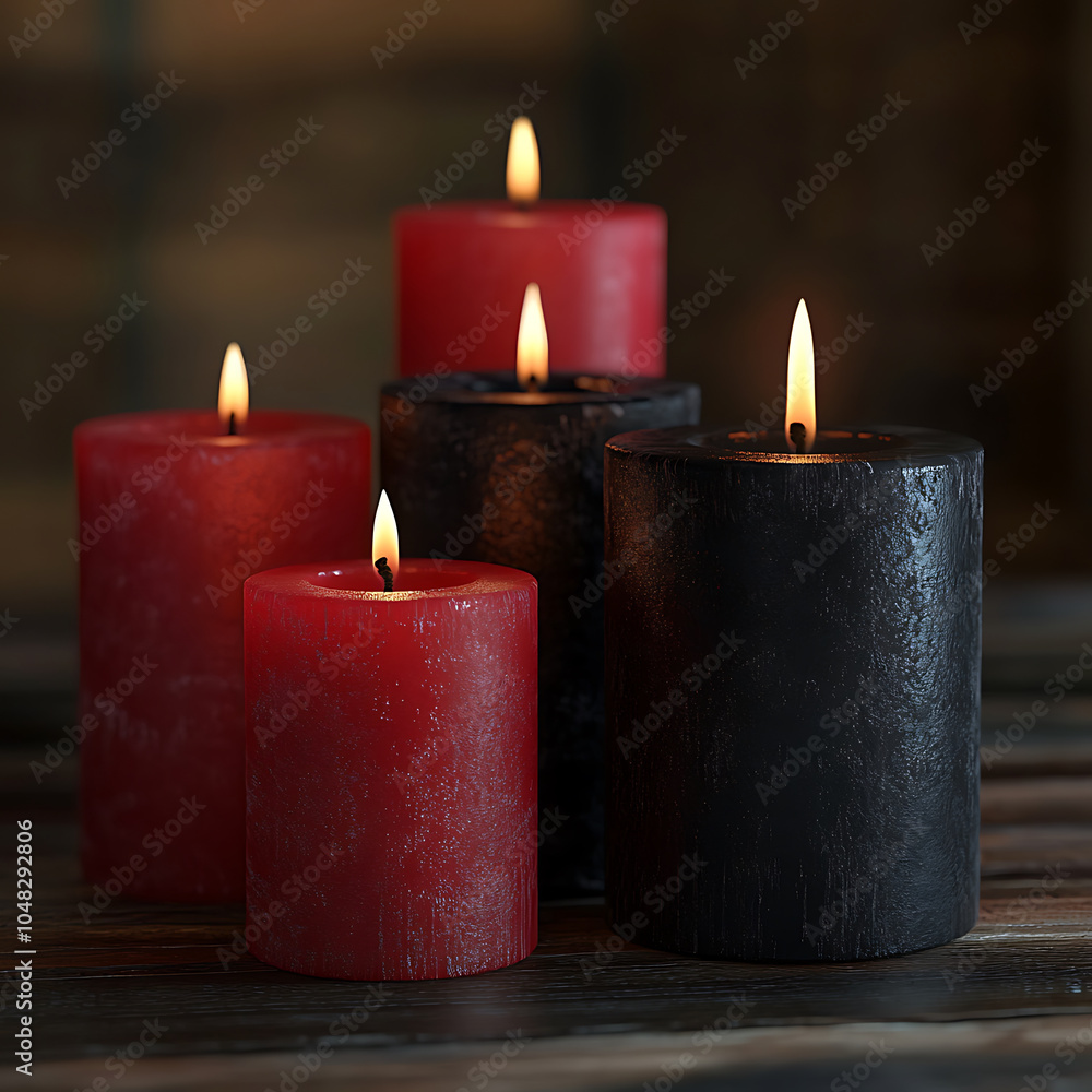 Holiday candles in red and black create warm and inviting atmosphere on rustic wooden table, perfect for festive celebrations Holiday candles in red and black create warm and inviting atmosphere on rustic wooden table, perfect for festive celebrations