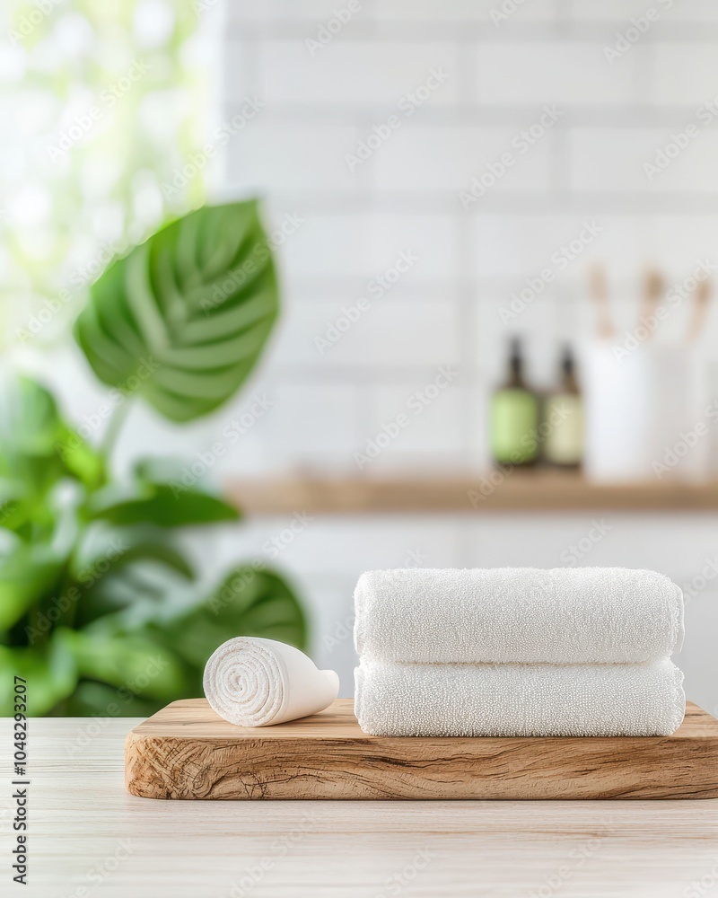Fresh white towels on wooden tray surrounded by greenery and beauty products in a serene home setting. Fresh white towels on wooden tray surrounded by greenery and beauty products in a serene home setting.