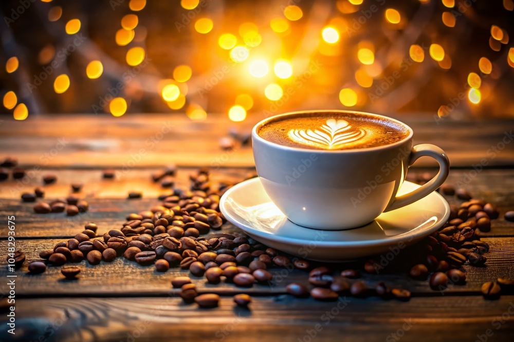 Obraz premium Surreal Cup of Coffee Latte on Wooden Table with Dreamy Background and Artistic Elements