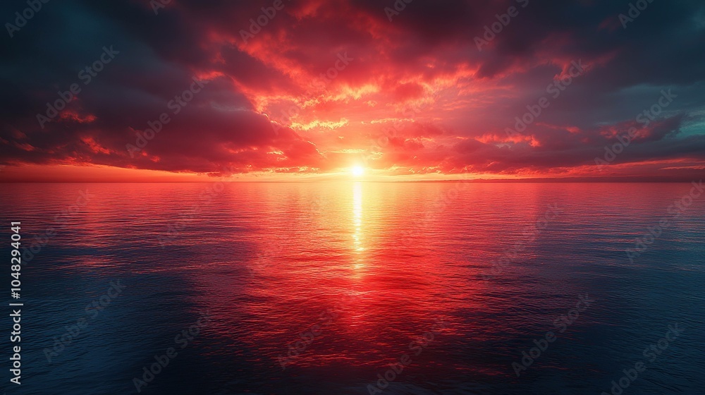 Stunning Red Sunset Reflection Over Calm Water Creating a Serene and Breathtaking Landscape Scene Stunning Red Sunset Reflection Over Calm Water Creating a Serene and Breathtaking Landscape Scene