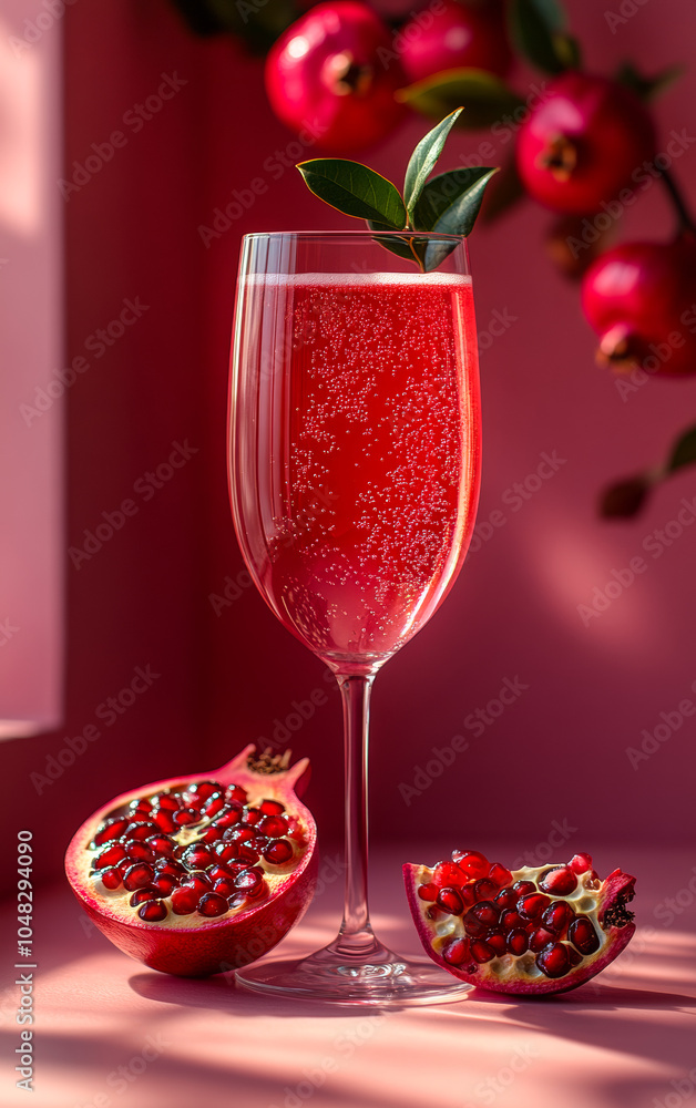 A glass of red wine with a garnish of a leaf on top. The wine is in a wine glass and there are pomegranates on the table. Pomegranate juice, Pomegranate wine A glass of red wine with a garnish of a leaf on top. The wine is in a wine glass and there are pomegranates on the table. Pomegranate juice, Pomegranate wine