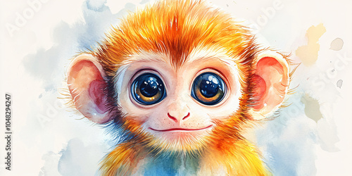A captivating watercolor painting of a baby monkey with big, curious eyes and a charming smile.