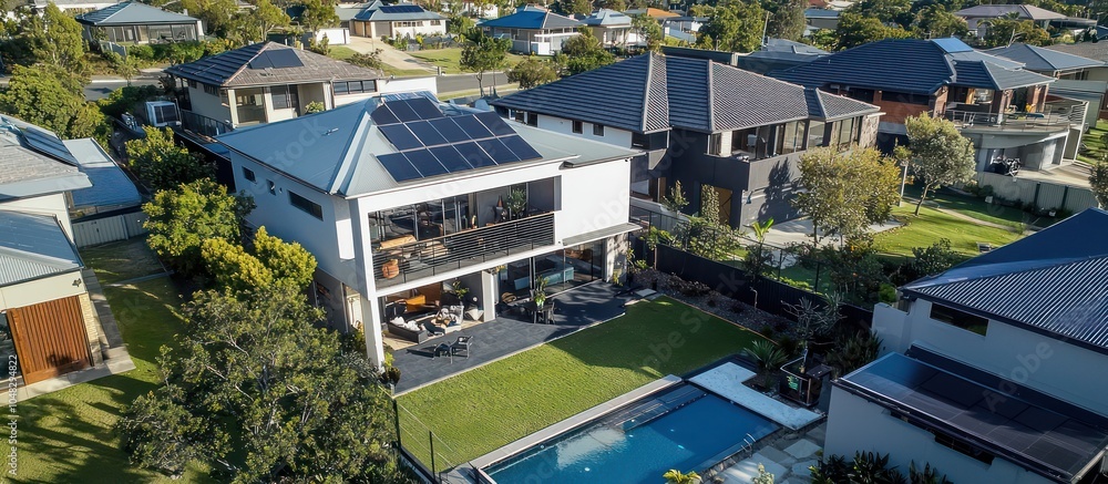 Modern Australian suburb from above with homes sporting pools and panels. Modern Australian suburb from above with homes sporting pools and panels.