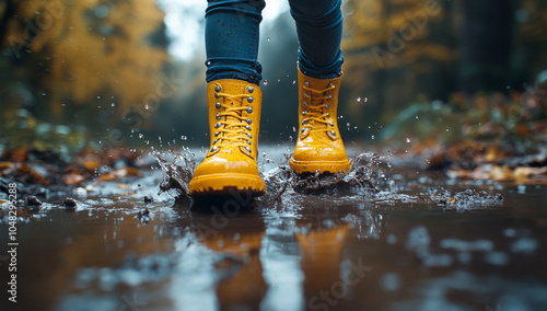 A person in yellow rain boots is walking through a puddle. The puddle is large and deep, and the water is splashing up from the boots. The scene is peaceful and calming, with the sound of the water