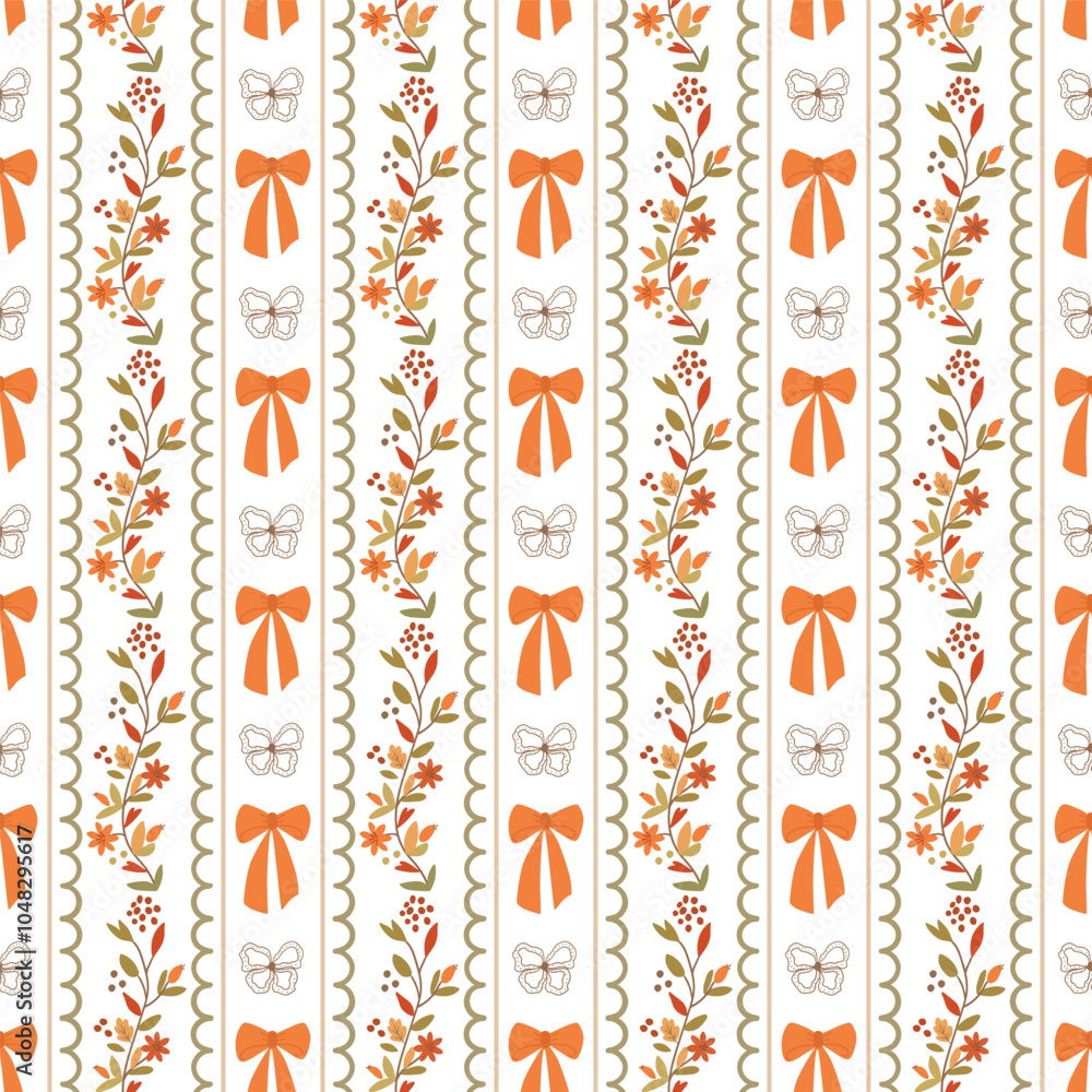 Autumn coquette bows, ribbons, floral leaves seamless pattern. Fall grandmillennial vertical striped background with bow knots illustration. Vector wallpaper, print, paper, cute textile design, fabric