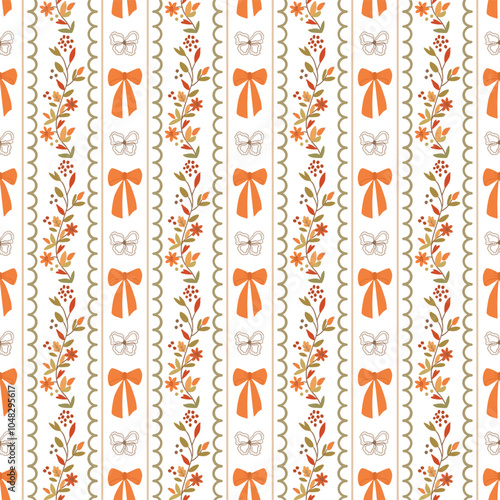 Autumn coquette bows, ribbons, floral leaves seamless pattern. Fall grandmillennial vertical striped background with bow knots illustration. Vector wallpaper, print, paper, cute textile design, fabric
