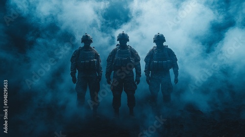Three soldiers stand in a foggy, misty atmosphere