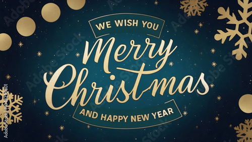 Xmas greeting card wishing everyone a Merry Christmas and a Happy New Year golden typography text, surrounded by  snowflakes and dazzling stars, snow falls, set against a green background and bokeh