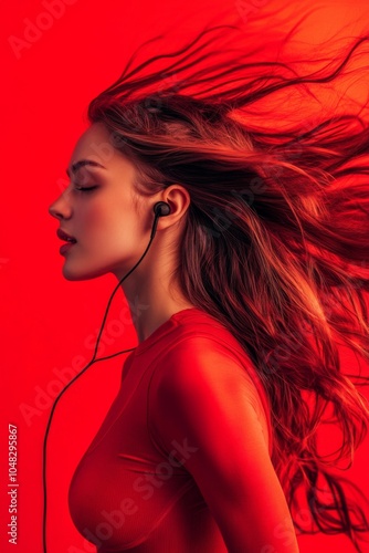Wallpaper Mural Brunette wearing ear pod headphones on a vibrant red background. Female. Audio, music, enjoyment, emotions, listening.	 Torontodigital.ca