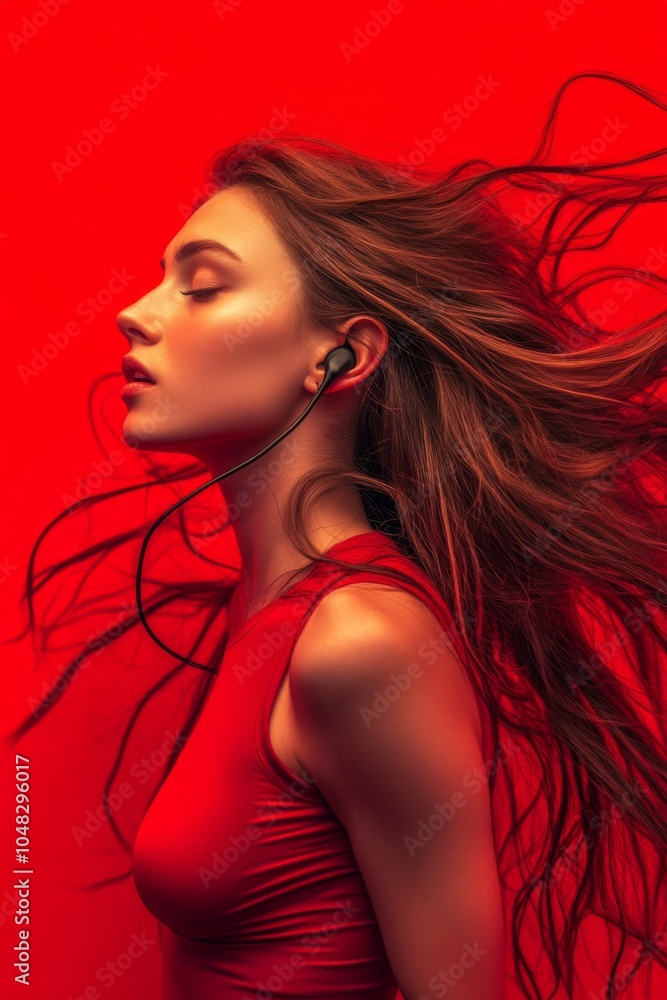 Fototapeta premium Brunette wearing ear pod headphones on a vibrant red background. Female. Audio, music, enjoyment, emotions, listening. 