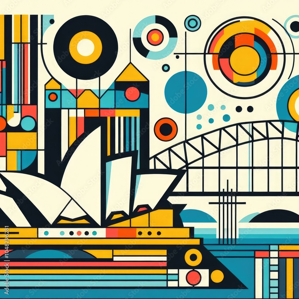 Obraz premium Abstract composition of Australian Sydney with architecture. Vibrant abstract geometric pop art illustration.