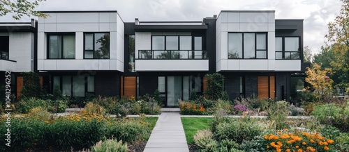 A suburban townhouse with minimalist design and a flat roof, set in a communal garden.