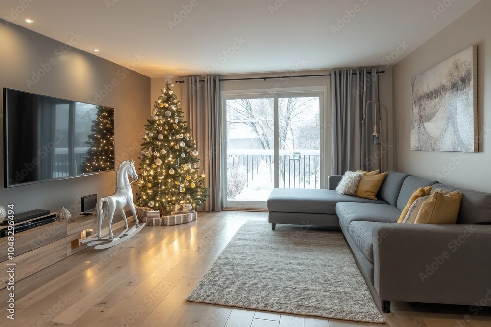 Fototapeta premium Modern living room decorated for Christmas with a tree and festive ornaments in a cozy space