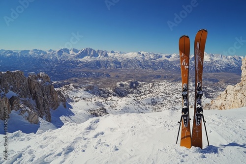 Ski equipment rests on snow covered peak with breathtaking mountain view in t...