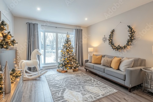Modern living room decorated for Christmas with a tree and festive ornaments ...