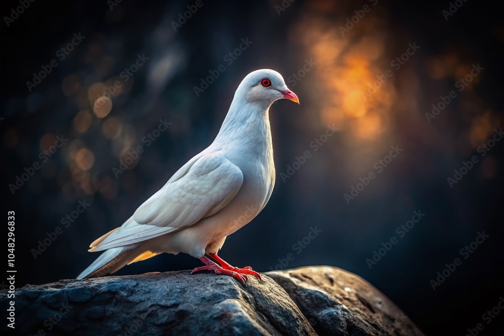 Fototapeta premium Surreal White Dove on Dark Granite Slabs - Ethereal Presence in a Dramatic Setting