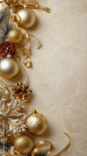 Elegant gold and green Christmas decoration on a light marble surface with pi...