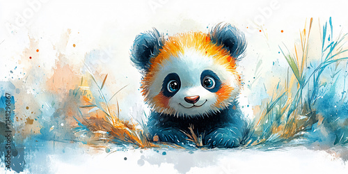 A charming watercolor illustration of a cute panda cub nestled in a grassy forest setting.