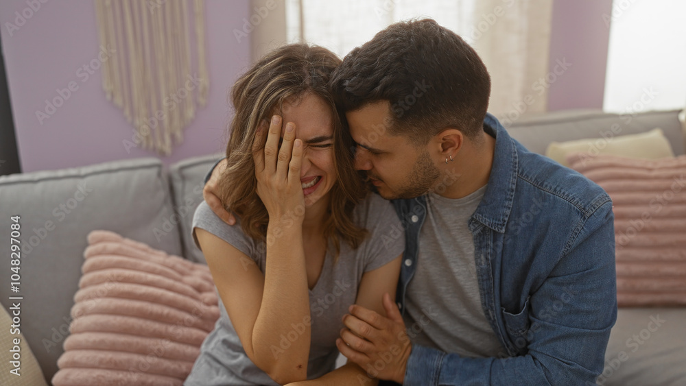 Woman crying in living room while man comforts her on sofa in cozy home environment expressing relationship support and emotional connection Woman crying in living room while man comforts her on sofa in cozy home environment expressing relationship support and emotional connection