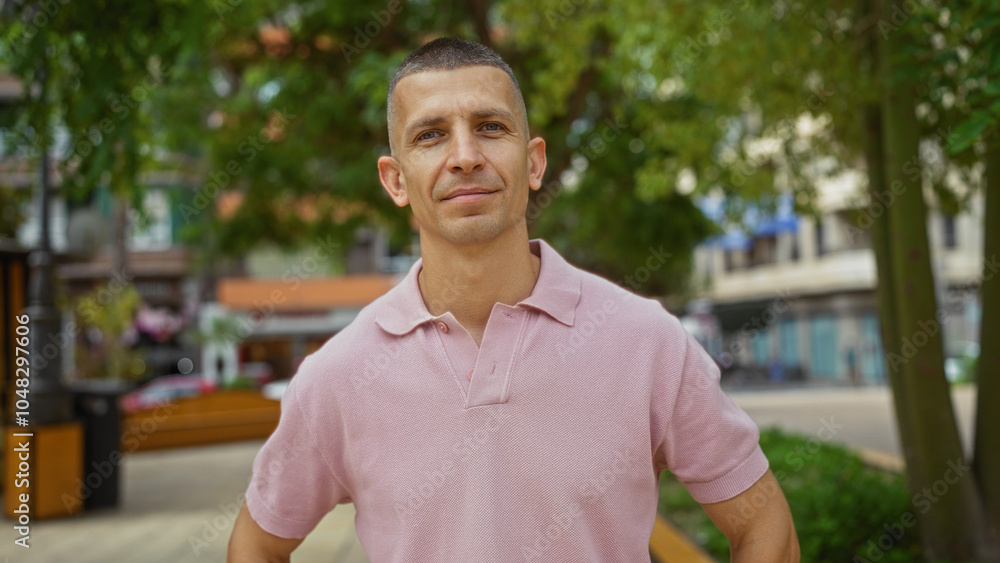 Handsome young man with short hair wearing a pink polo shirt stands confidently in an urban park with trees and city buildings in the background Handsome young man with short hair wearing a pink polo shirt stands confidently in an urban park with trees and city buildings in the background
