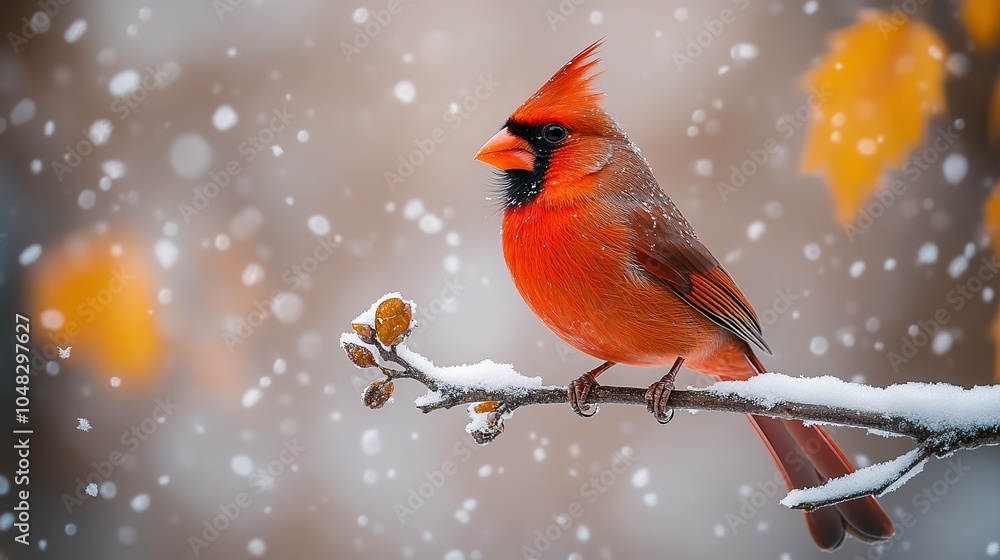 Vibrant Red Cardinal Perched Gracefully on a Branch Against a Soft Focus Natural Background Vibrant Red Cardinal Perched Gracefully on a Branch Against a Soft Focus Natural Background