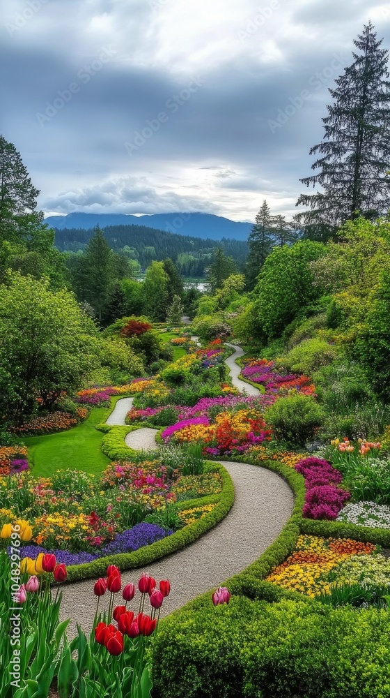 Obraz premium Beautiful spring garden with colorful flower beds and winding pathways in a serene landscape