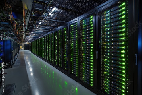 Modern server room with illuminated racks and advanced technology in a data c...