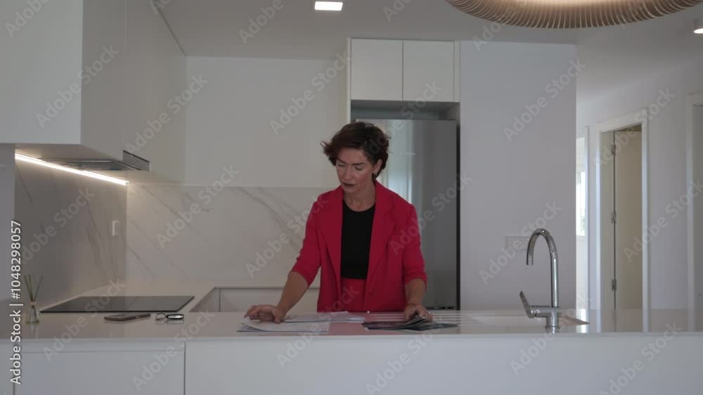 Female Architect in Red Suit Stands in Modern Kitchen, Hold Blueprints and Explaining House Project with Confidence and Professionalism Female Architect in Red Suit Stands in Modern Kitchen, Hold Blueprints and Explaining House Project with Confidence and Professionalism