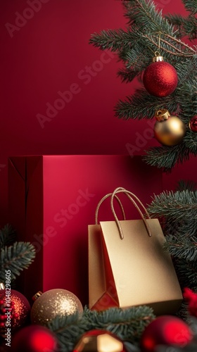 A festive arrangement of Christmas decorations and gift bag on a vibrant red ...