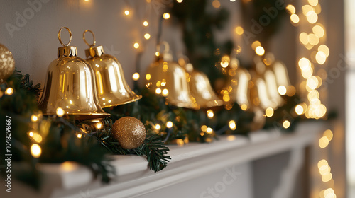 Wallpaper Mural Golden Christmas Bells Placed on a Garlanded Mantel Torontodigital.ca