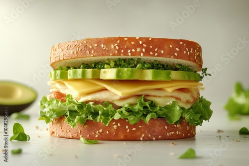 Freshly made turkey and cheese sandwich with avocado and lettuce on whole gra...