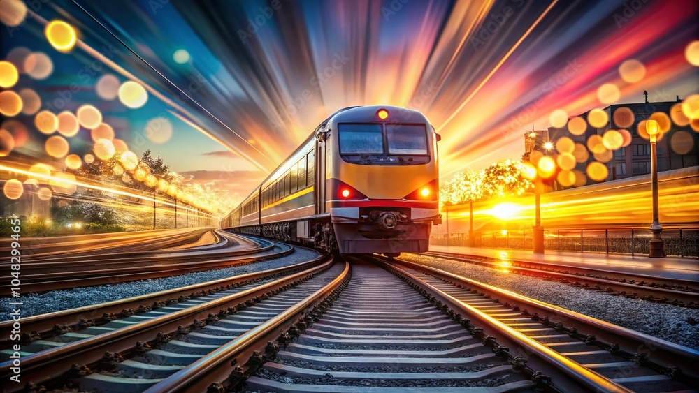 Naklejka premium Time Lapse Train Journey with Bokeh Effect - Dynamic Motion Capture for Transportation Enthusiasts