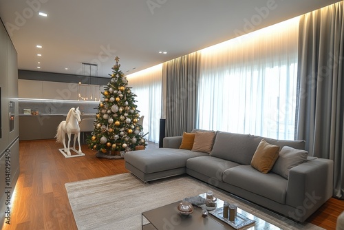 Modern living room decorated for Christmas with a tree and festive ornaments ...