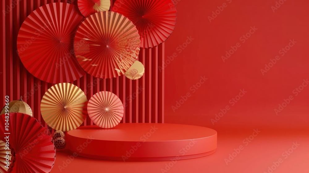 Obraz premium Red and Gold Festive Background with Circular Platform