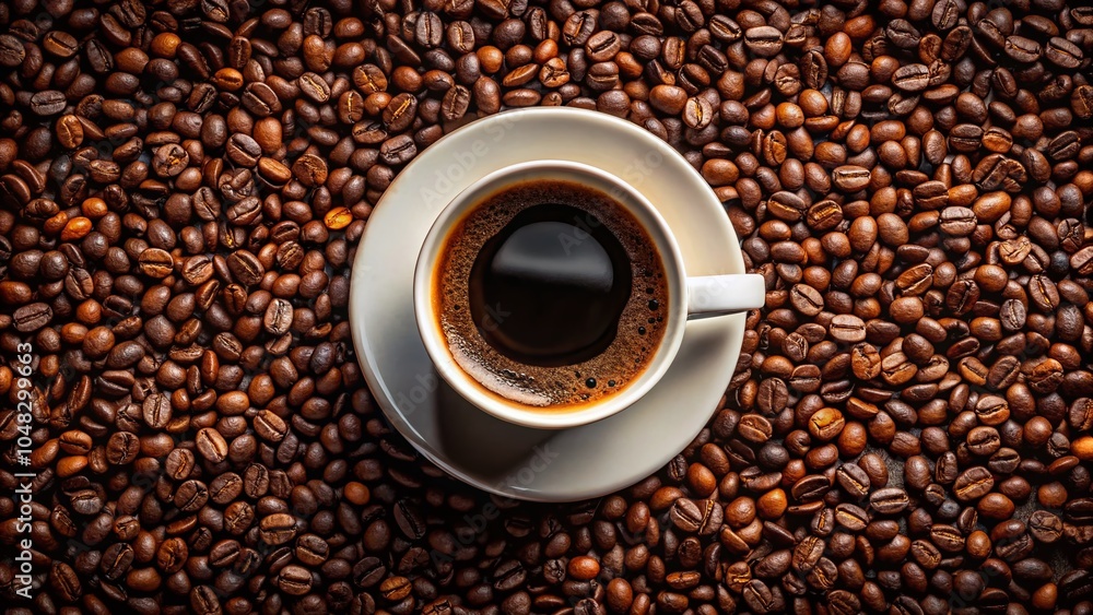 Top-Down View of Black Coffee in White Ceramic Cup on Reflective Table with Roasted Coffee Beans - Long Top-Down View of Black Coffee in White Ceramic Cup on Reflective Table with Roasted Coffee Beans - Long