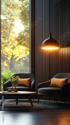Cozy living room with modern chairs and warm lighting during golden hour in c...