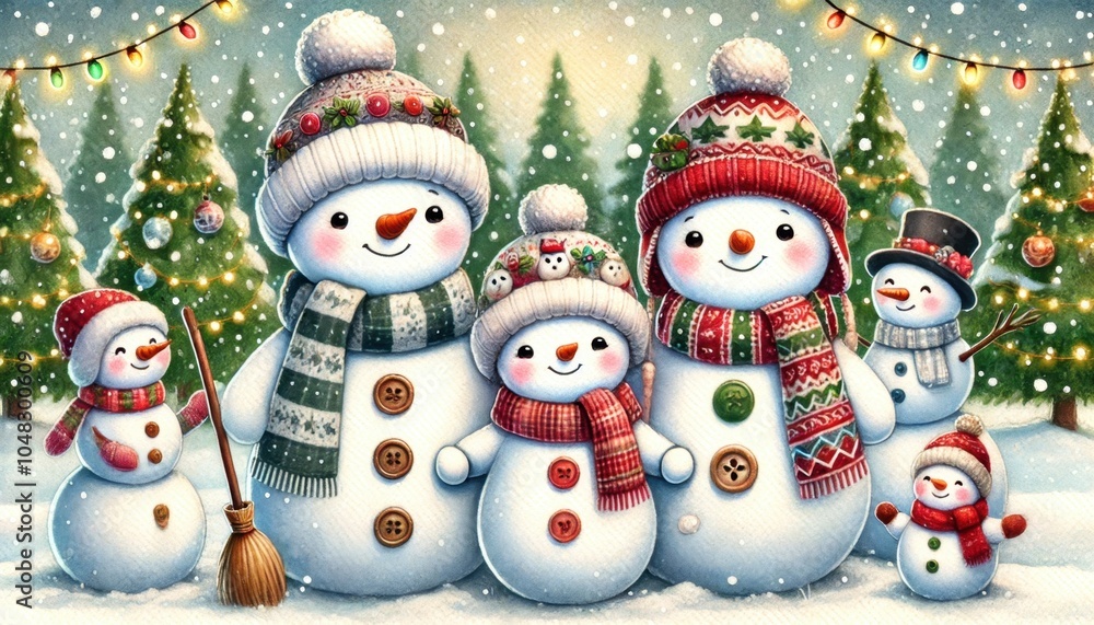 Happy Snowman Family in Festive Winter Scene
Happy Snowman Family in Festive Winter Scene