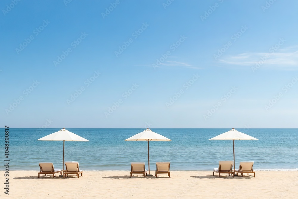 A beach scene with two white beach chairs and two umbrellas A beach scene with two white beach chairs and two umbrellas