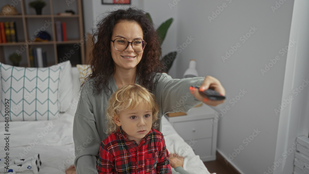 Mother and son enjoying tv together on bed in cozy bedroom setting, showcasing family love and bonding indoors. Mother and son enjoying tv together on bed in cozy bedroom setting, showcasing family love and bonding indoors.