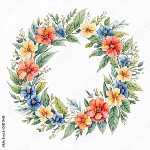 Watercolor floral wreath featuring colorful blooms and greenery cut out from transparent background, perfect for seasonal decoration projects
