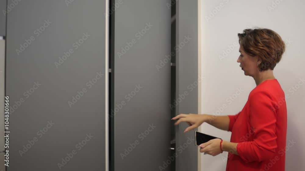 Architect in Red Blazer Discusses Design of Grey Closet While Showcasing Functionality of Sliding Doors by Open and Close Them, Highlighting Interior Design Expertise Architect in Red Blazer Discusses Design of Grey Closet While Showcasing Functionality of Sliding Doors by Open and Close Them, Highlighting Interior Design Expertise