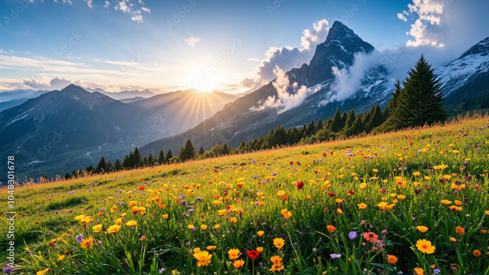 A vibrant mountain landscape at sunrise, featuring colorful wildflowers in the foreground, lush green hills, and towering peaks with clouds and sunlight breaking through. A vibrant mountain landscape at sunrise, featuring colorful wildflowers in the foreground, lush green hills, and towering peaks with clouds and sunlight breaking through.