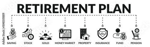 Banner of retirement plan web vector illustration concept with icons of saving, stock, gold, money market, property, insurance, fund, pension
