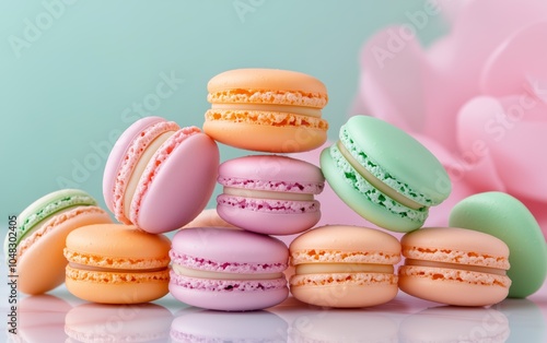 A stack of colorful macarons with a pink flower behind