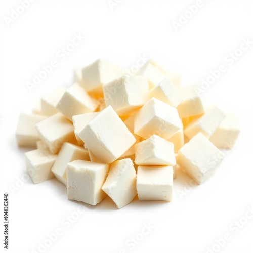 Feta Greek cheese cubes isolated on white background full depth of field