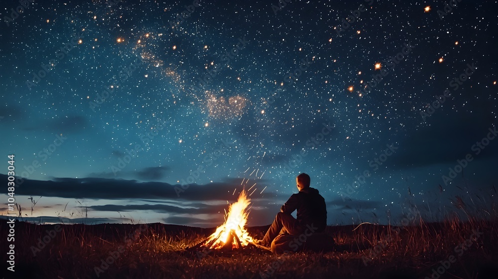 Lone Silhouette Gazing at Starry Night Sky Above Cozy Campfire Lone Silhouette Gazing at Starry Night Sky Above Cozy Campfire
