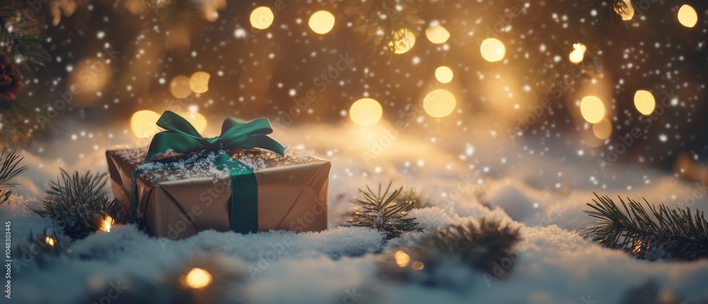 Festive gift box adorned with a green ribbon nestled in soft snow, illuminated by warm bokeh lights, creating a cozy holiday atmosphere.