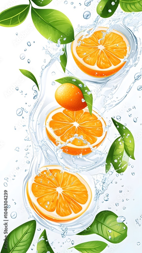 A white background with orange slices and green leaves splashing in the water, creating an abstract design A white background with orange slices and green leaves splashing in the water, creating an abstract design
